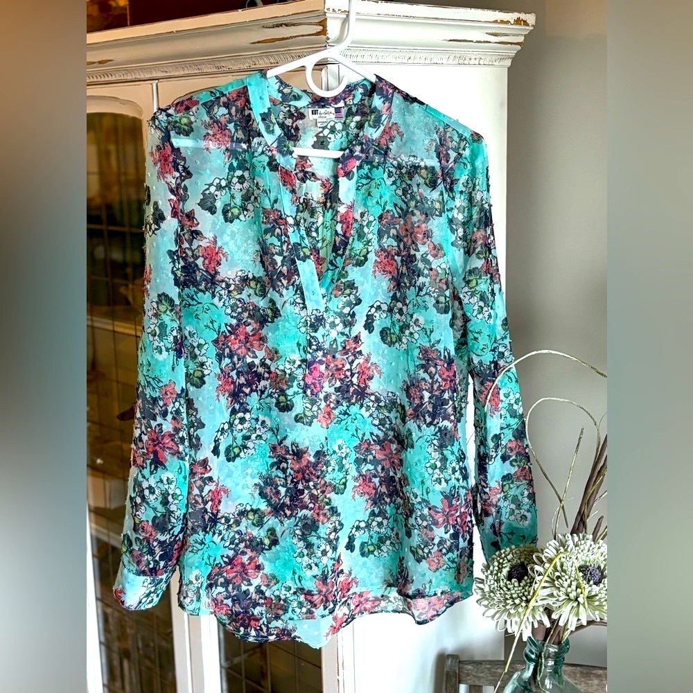 KUT from the Kloth Floral Sheer Blouse. Chiffon Long Sleeved | Women’s Sz-M Teal